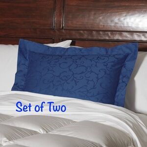 CUDDLEDOWN FINE LINENS 2 Navy Scroll Jacquard Sateen King Shams, Oeko-Tex Cert.